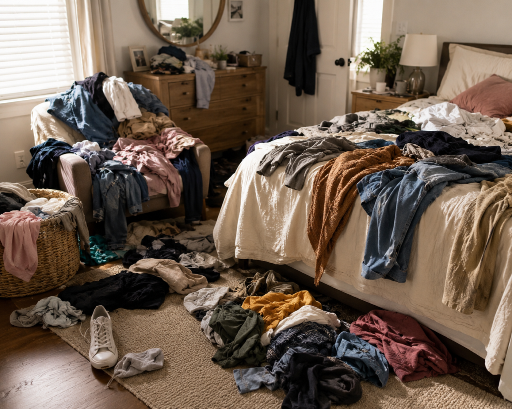 19 Hidden Laundry Hamper Ideas for Clutter-Free Homes messy room with laundry clothes