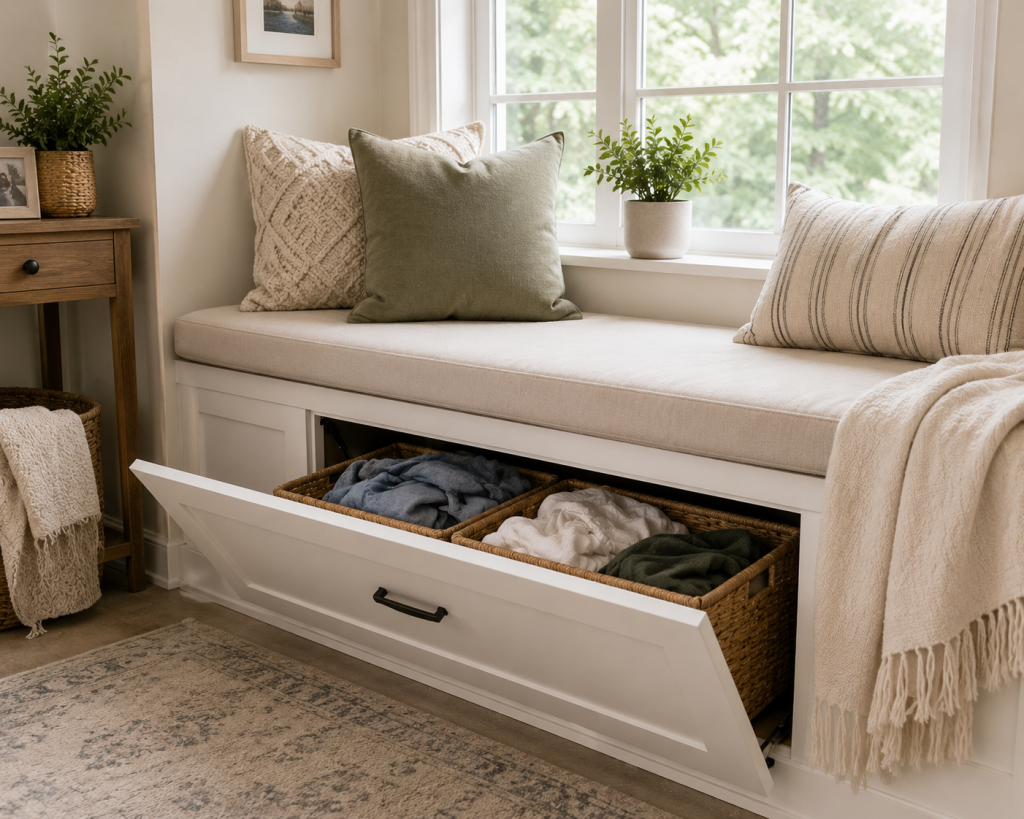 19 Hidden Laundry Hamper Ideas for Clutter-Free Homes window seat laundry hamper