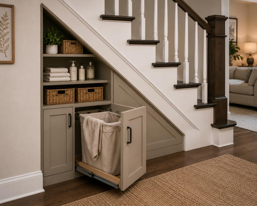 19 Hidden Laundry Hamper Ideas for Clutter-Free Homes under stair laundry cabinet
