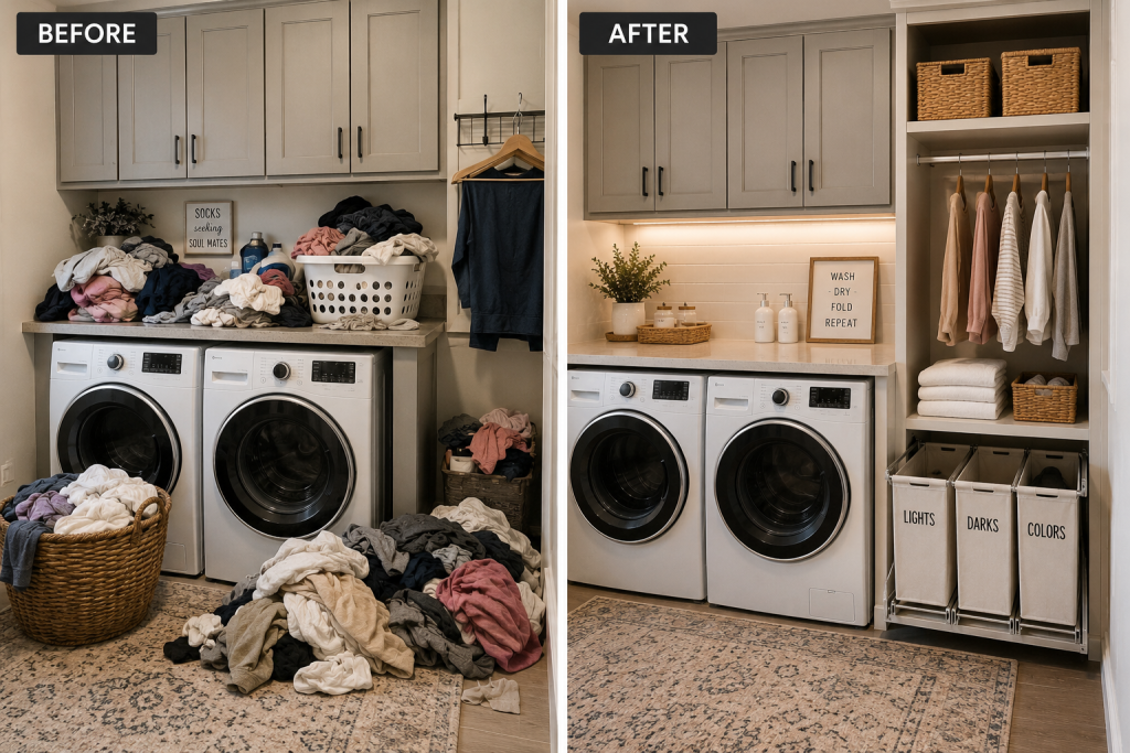 19 Hidden Laundry Hamper Ideas for Clutter-Free Homes before and after laundry organization