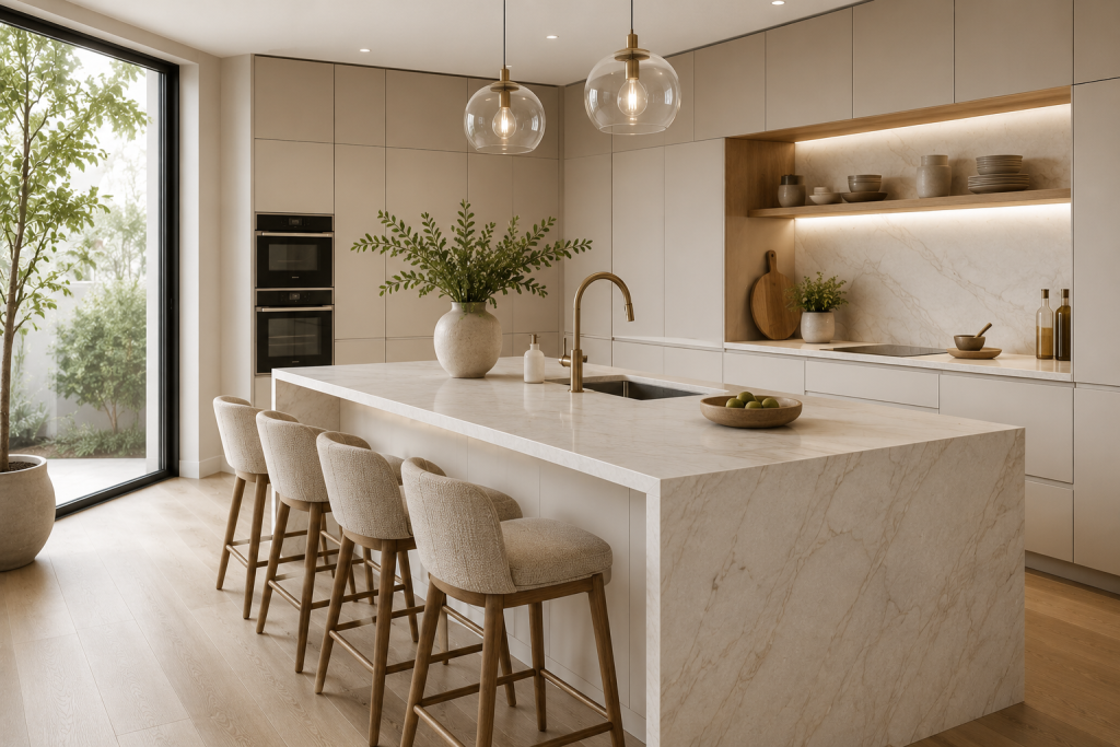 Modern minimalist luxury kitchen featuring a marble waterfall island, handleless beige cabinets, brass pendant lights, warm wood accents, and a clean clutter-free design.