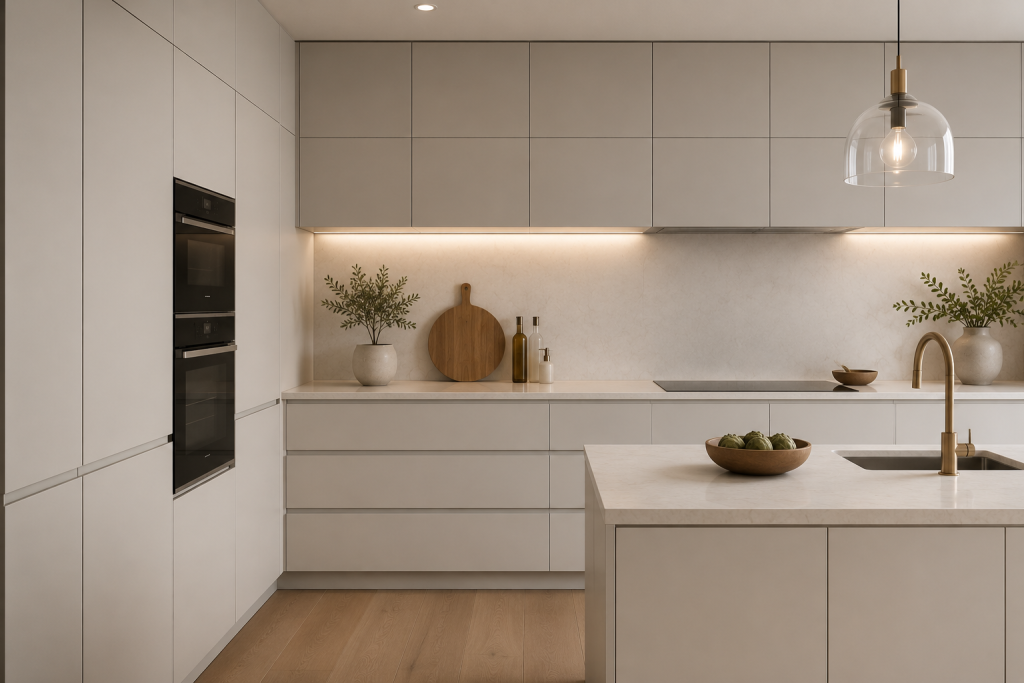 Modern minimalist kitchen with handleless beige cabinets, built-in ovens, a white quartz countertop, warm wood flooring, under-cabinet LED lighting, and a clutter-free luxury design.