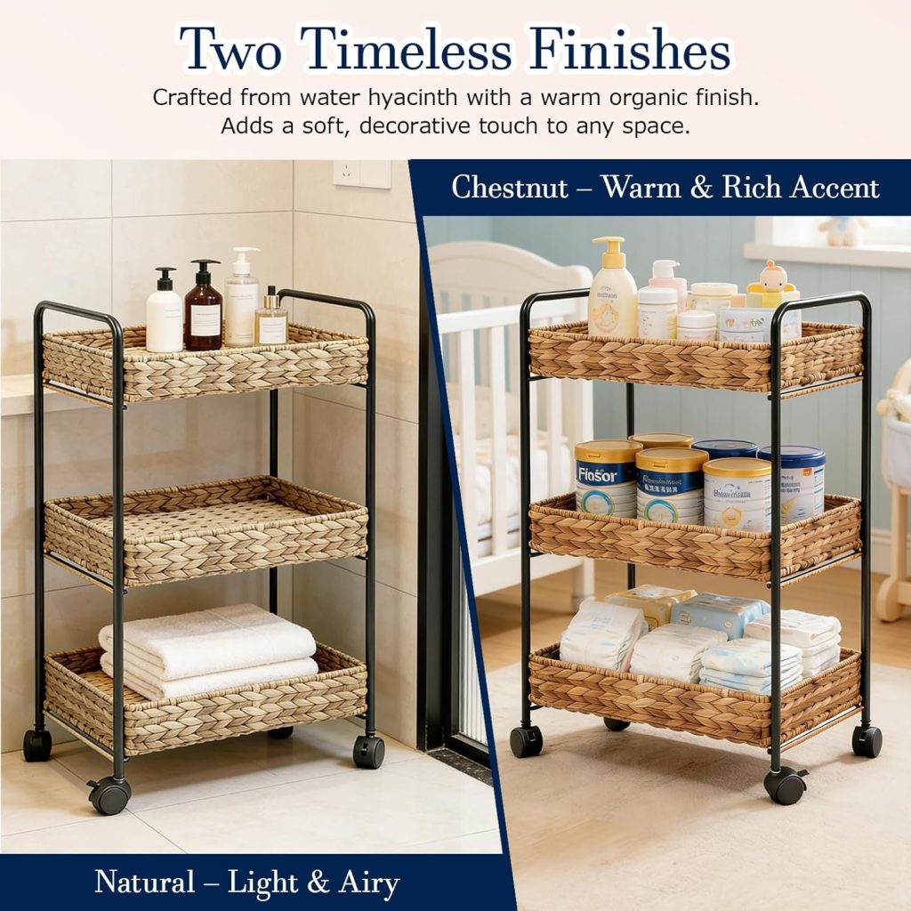 3 tier woven basket rack for earth tone bathrooms