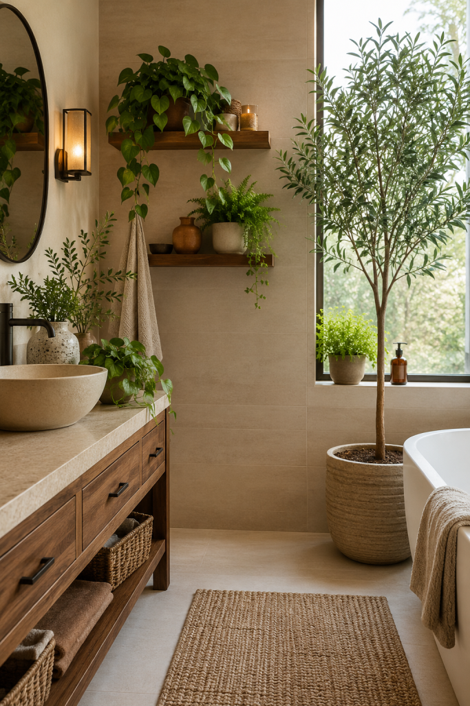 earth tone bathroom decorated with plants