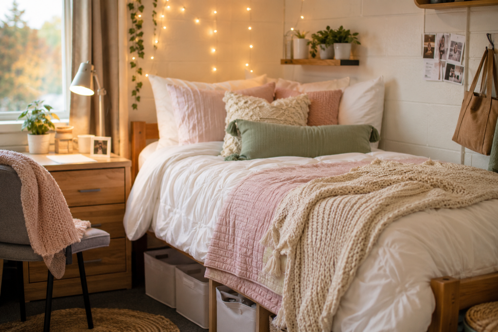 A cozy college dorm room featuring soft white Twin XL bedding, blush pink accents, chunky knit throw blankets, decorative pillows, warm fairy lights, under-bed storage bins, wooden furniture, and neutral décor creating a stylish and inviting dorm bedroom.