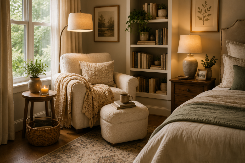 reading nook in a bedroom corner