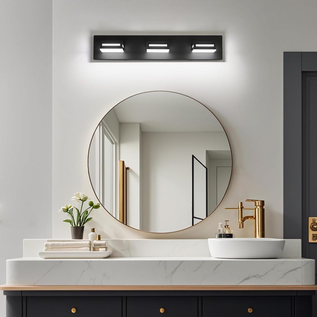 black fixtures for eath tone bathroom