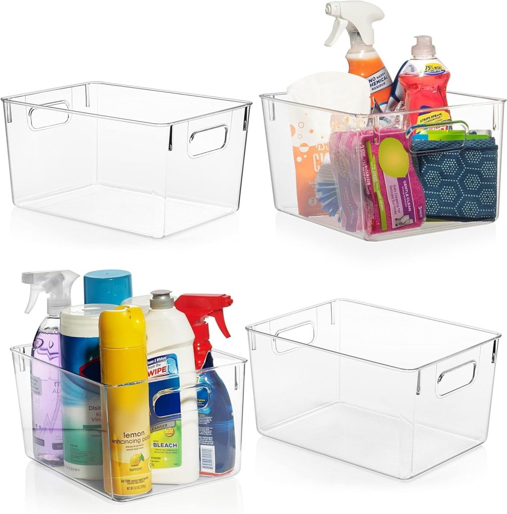clear storage bins for cleaning supplies