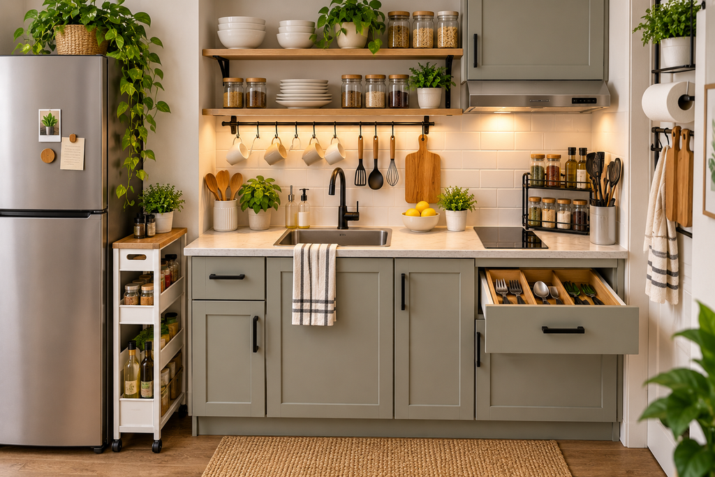 Best Kitchenette Organizers for Tiny Kitchens Under $30 Small kitchenette with space-saving organizers, storage shelves, pantry cart, and organized cabinets