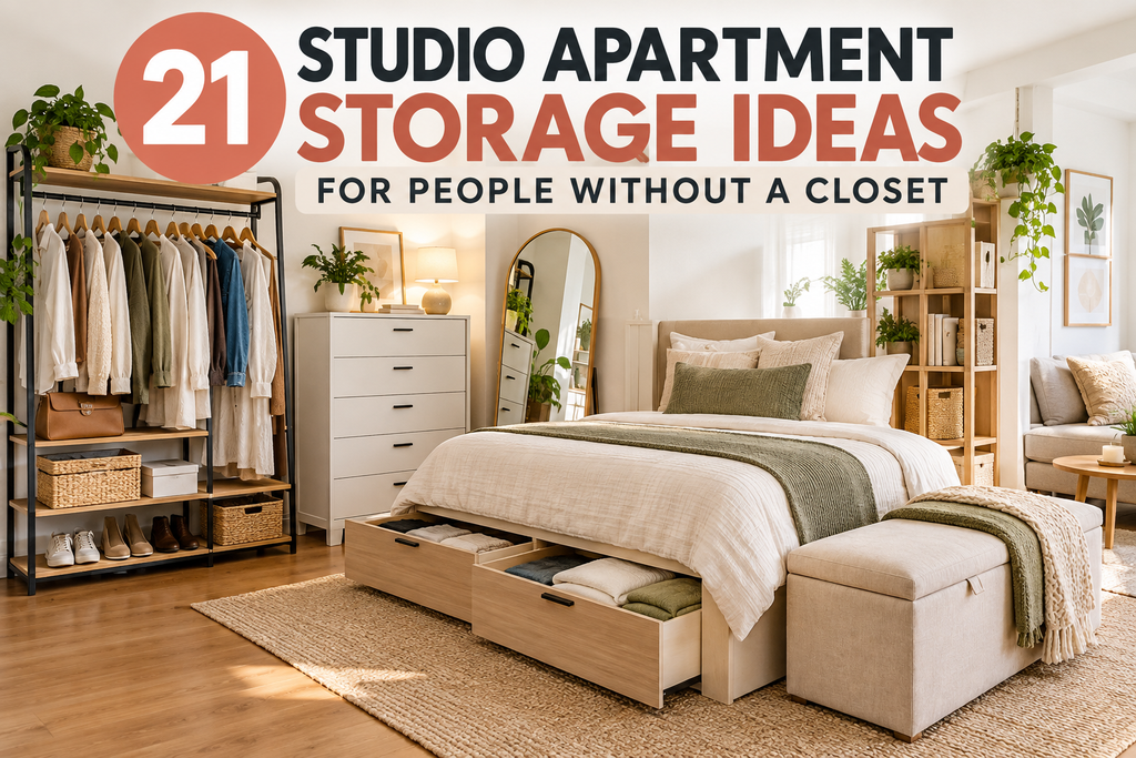 21 Smart Studio Apartment Storage Ideas for People Without a Closet apartment storage deas for tiny spaces