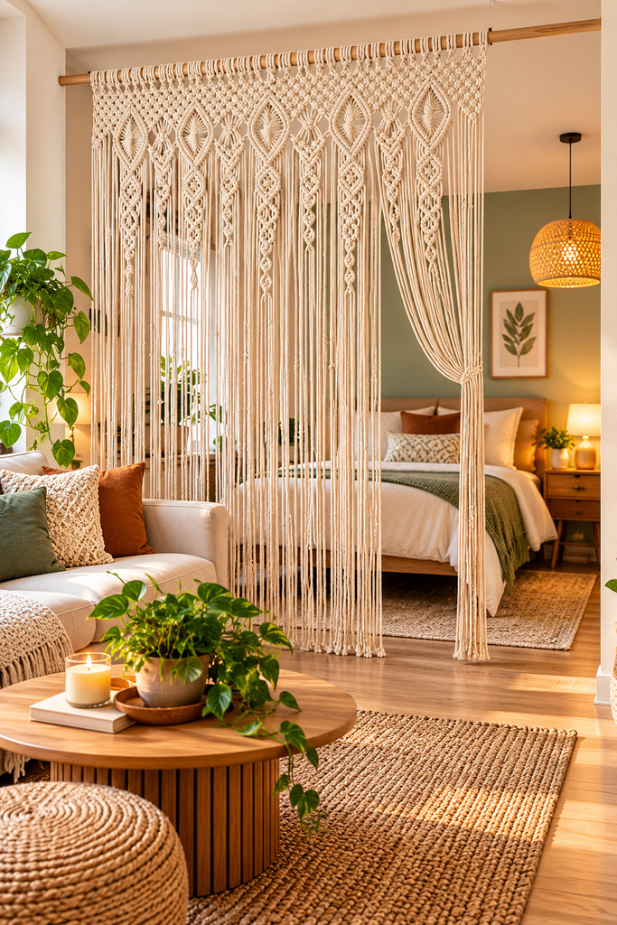 25 Stylish Room Divider Ideas for Small Spaces cozy boho macramé room divider