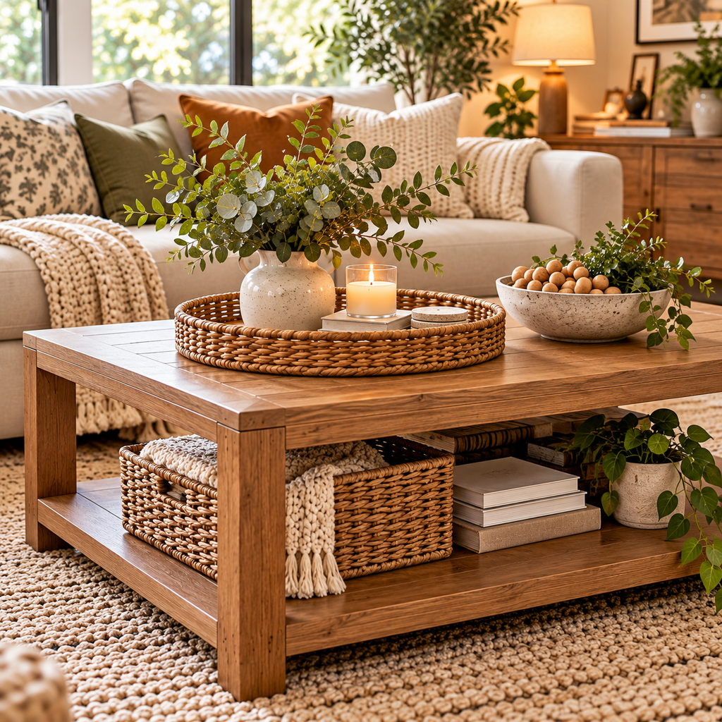 cozy earthy living room vignette
