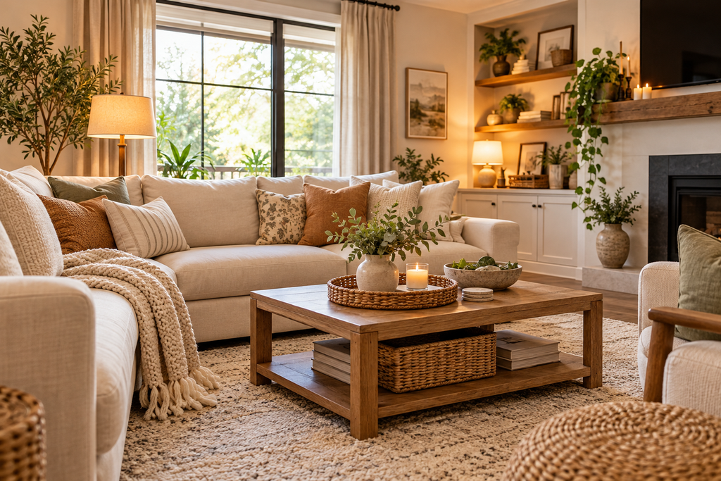 A cozy neutral living room with a cream sofa, textured cushions, a natural wood coffee table, a soft area rug, warm lamps, and neatly arranged accessories.