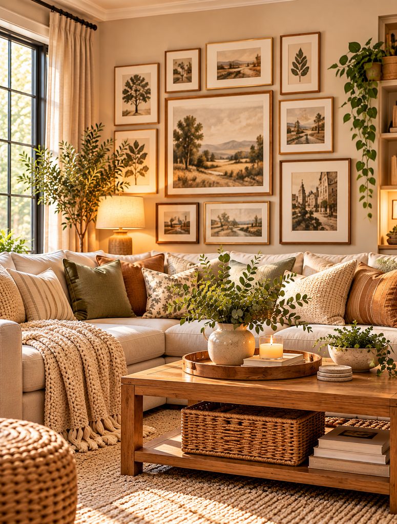 sunlit gallery wall living room