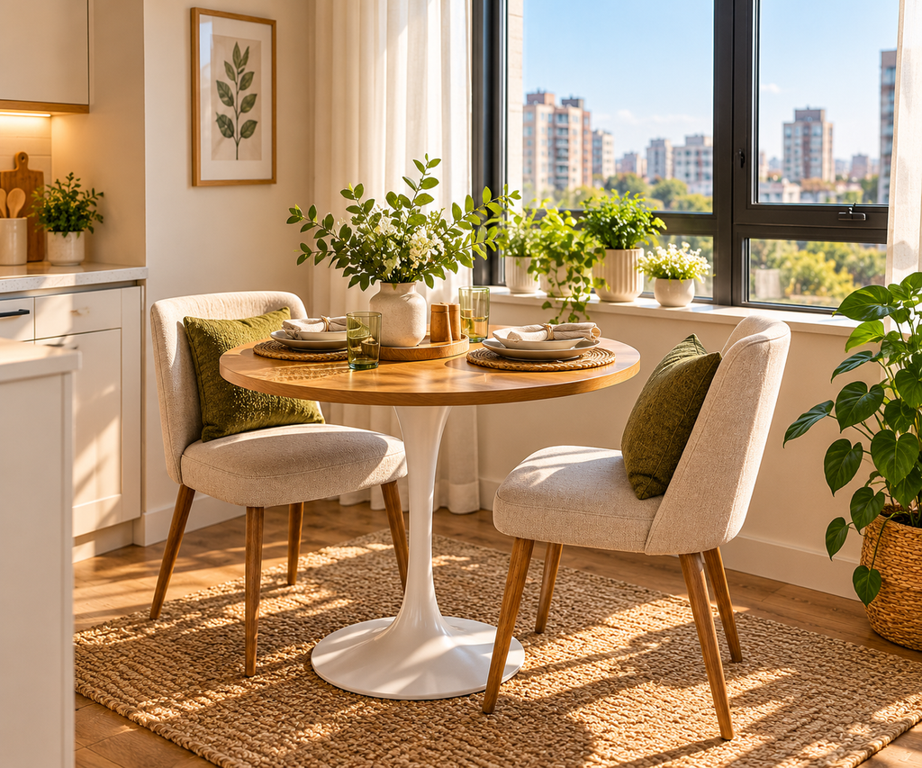 19 Small Space Dining Table Ideas for Studio Apartments sunlit scandinavian breakfast nook